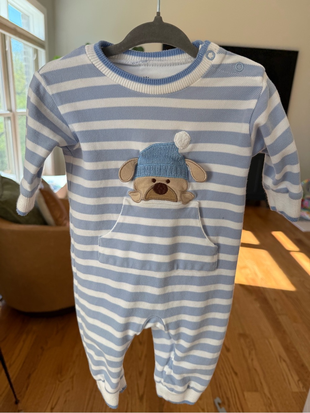 Florence Eiseman Blue & White Striped Puppy Appliqué One-Piece